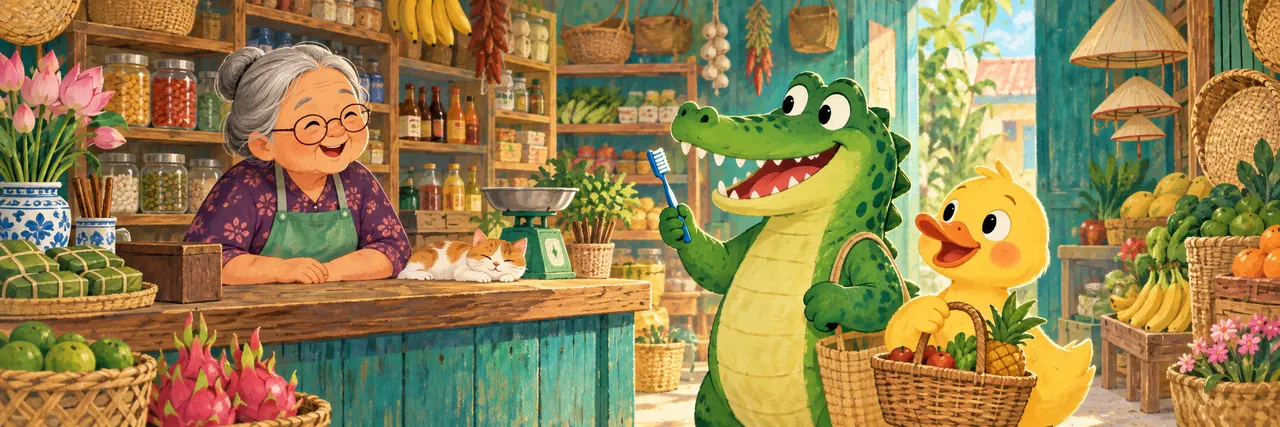 Grandma Tám, a crocodile and a duck in the shop